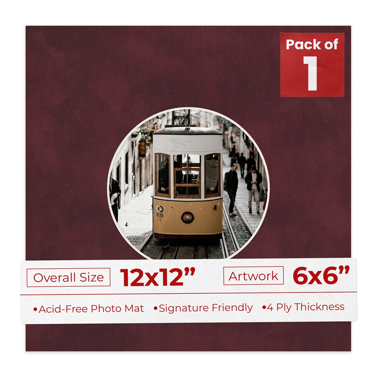 Dark Red Suede Mat Board for 12x12 Frames - Circle Opening for 6x6 Photos